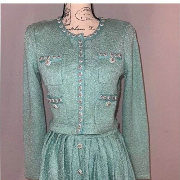 Self portrait turquoise knit embellished skirt jacket set of 0
